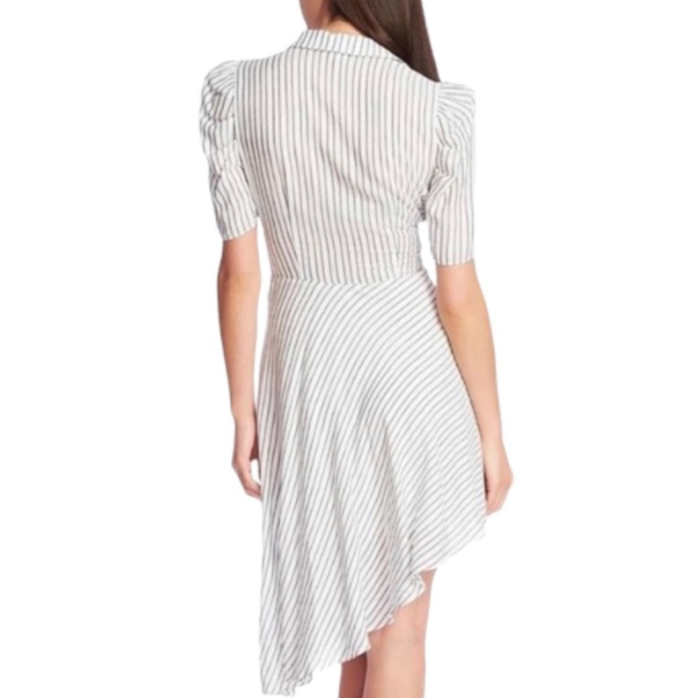 1. State White Pinstripe Tie Waist Asymmetrical High Low Short Sleeve Shittdress - Picture 9 of 12
